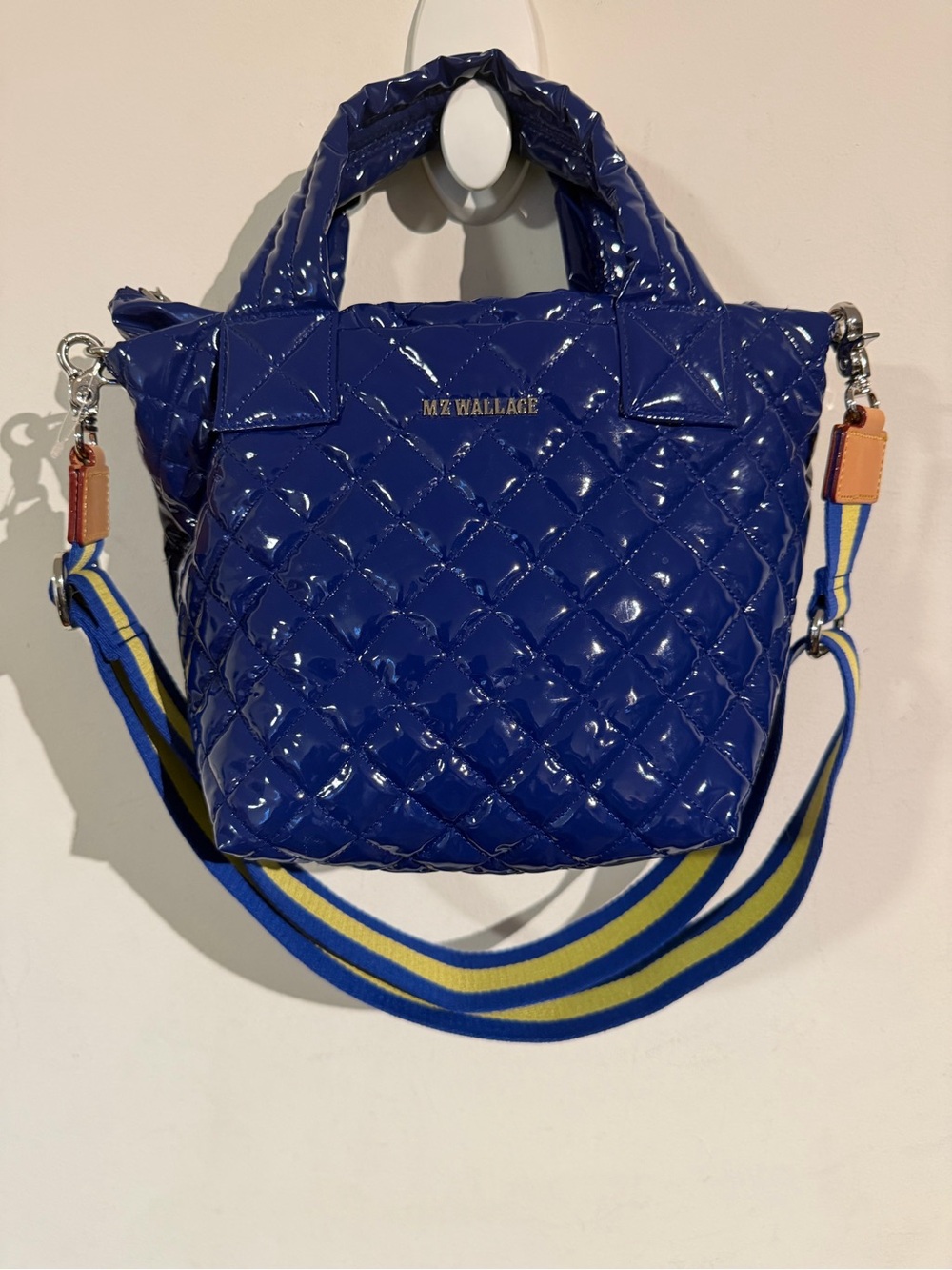 MZ Wallace Quilted Patent Tote in Deep Royal Blue with Striped Strap